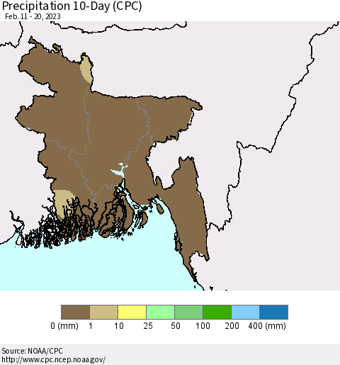 Bangladesh Precipitation 10-Day (CPC) Thematic Map For 2/11/2023 - 2/20/2023