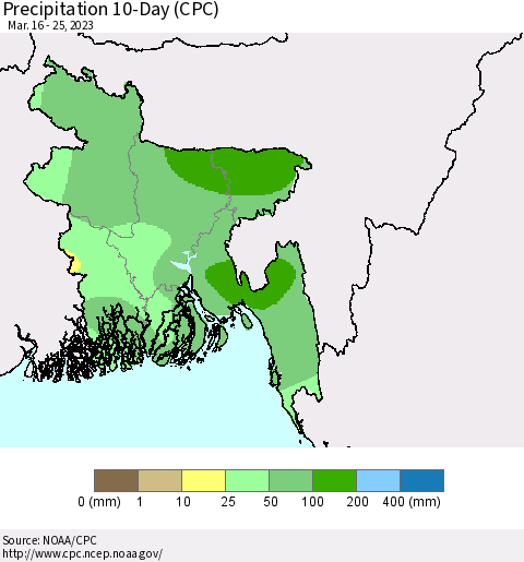 Bangladesh Precipitation 10-Day (CPC) Thematic Map For 3/16/2023 - 3/25/2023