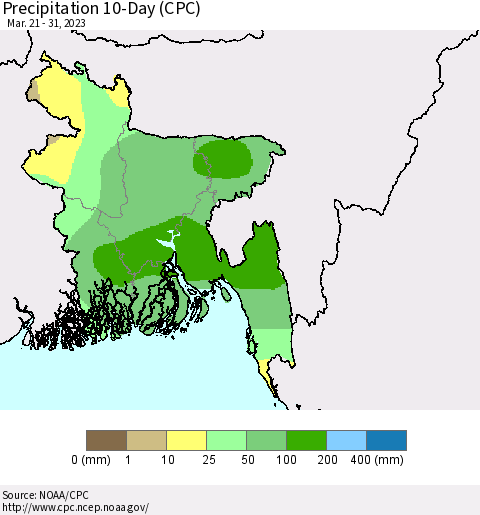 Bangladesh Precipitation 10-Day (CPC) Thematic Map For 3/21/2023 - 3/31/2023