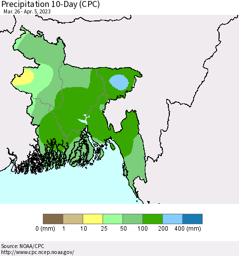 Bangladesh Precipitation 10-Day (CPC) Thematic Map For 3/26/2023 - 4/5/2023