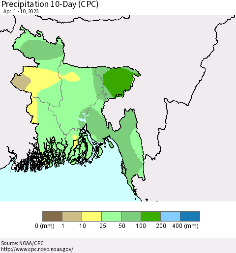 Bangladesh Precipitation 10-Day (CPC) Thematic Map For 4/1/2023 - 4/10/2023