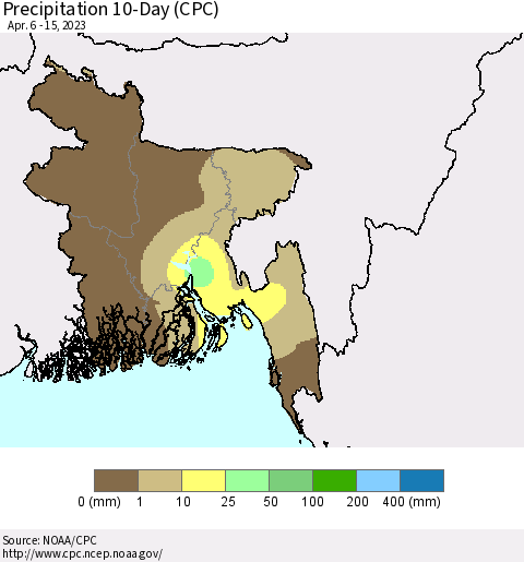 Bangladesh Precipitation 10-Day (CPC) Thematic Map For 4/6/2023 - 4/15/2023