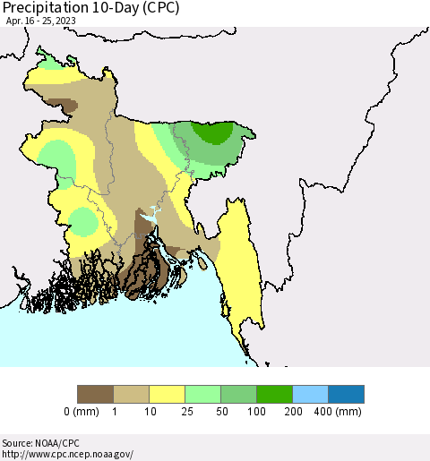 Bangladesh Precipitation 10-Day (CPC) Thematic Map For 4/16/2023 - 4/25/2023