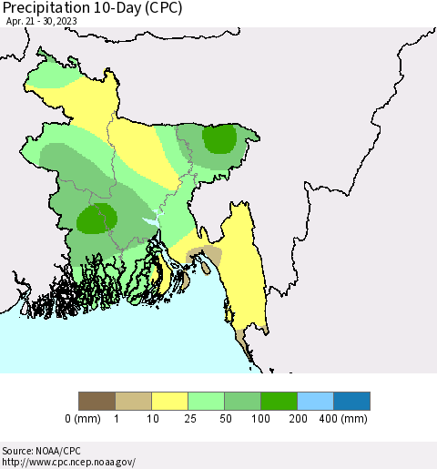 Bangladesh Precipitation 10-Day (CPC) Thematic Map For 4/21/2023 - 4/30/2023