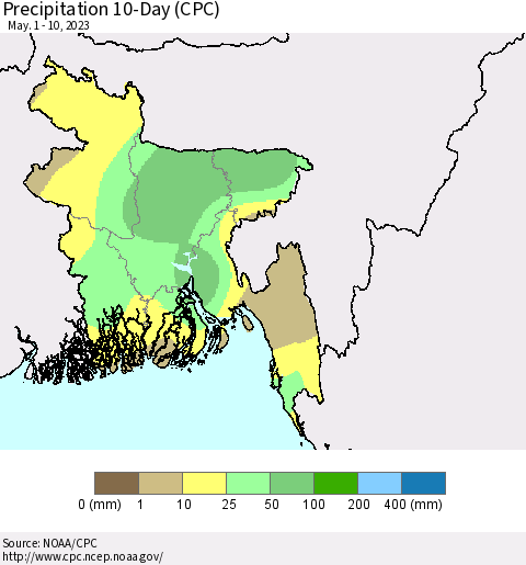 Bangladesh Precipitation 10-Day (CPC) Thematic Map For 5/1/2023 - 5/10/2023