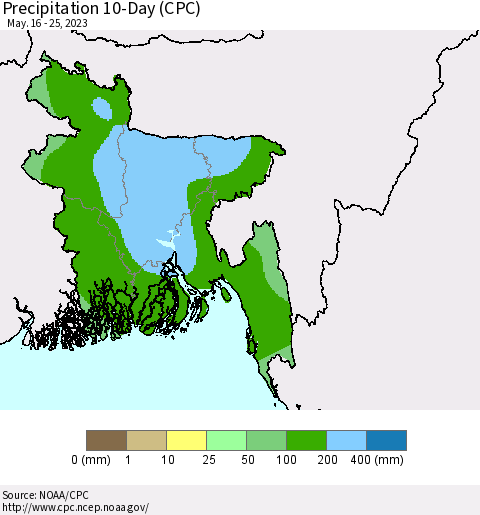Bangladesh Precipitation 10-Day (CPC) Thematic Map For 5/16/2023 - 5/25/2023