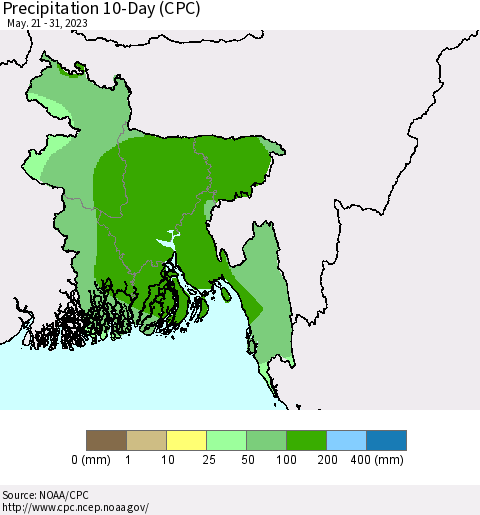 Bangladesh Precipitation 10-Day (CPC) Thematic Map For 5/21/2023 - 5/31/2023