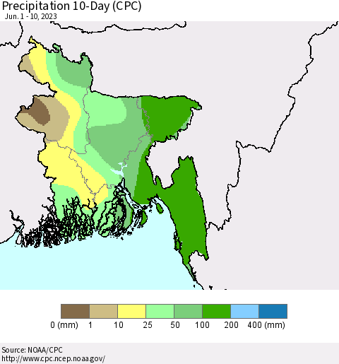 Bangladesh Precipitation 10-Day (CPC) Thematic Map For 6/1/2023 - 6/10/2023