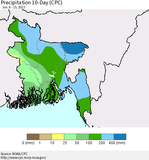 Bangladesh Precipitation 10-Day (CPC) Thematic Map For 6/6/2023 - 6/15/2023