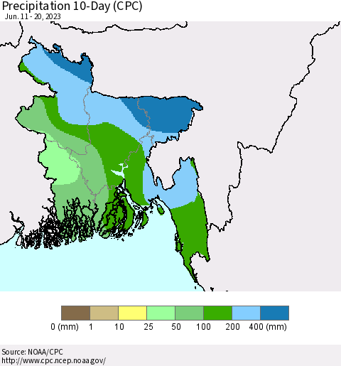Bangladesh Precipitation 10-Day (CPC) Thematic Map For 6/11/2023 - 6/20/2023