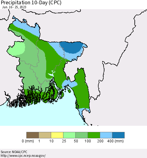 Bangladesh Precipitation 10-Day (CPC) Thematic Map For 6/16/2023 - 6/25/2023