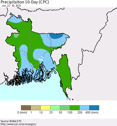 Bangladesh Precipitation 10-Day (CPC) Thematic Map For 6/21/2023 - 6/30/2023