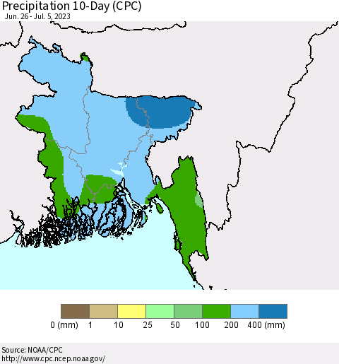 Bangladesh Precipitation 10-Day (CPC) Thematic Map For 6/26/2023 - 7/5/2023