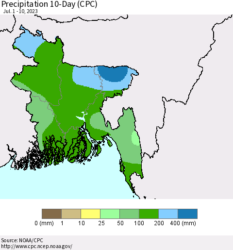 Bangladesh Precipitation 10-Day (CPC) Thematic Map For 7/1/2023 - 7/10/2023