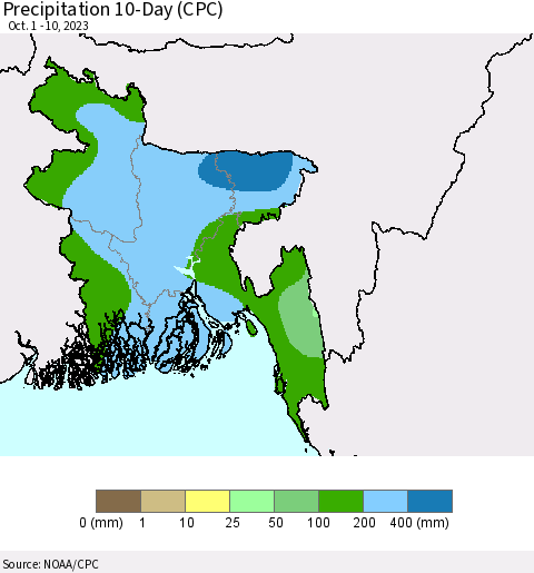 Bangladesh Precipitation 10-Day (CPC) Thematic Map For 10/1/2023 - 10/10/2023