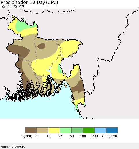 Bangladesh Precipitation 10-Day (CPC) Thematic Map For 10/11/2023 - 10/20/2023