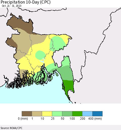 Bangladesh Precipitation 10-Day (CPC) Thematic Map For 10/21/2023 - 10/31/2023