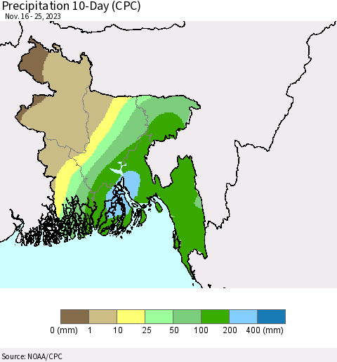 Bangladesh Precipitation 10-Day (CPC) Thematic Map For 11/16/2023 - 11/25/2023