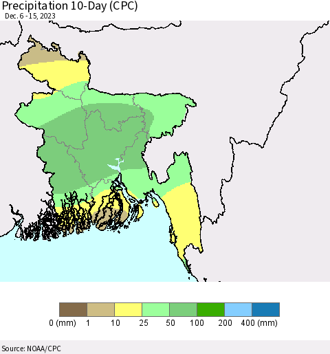 Bangladesh Precipitation 10-Day (CPC) Thematic Map For 12/6/2023 - 12/15/2023