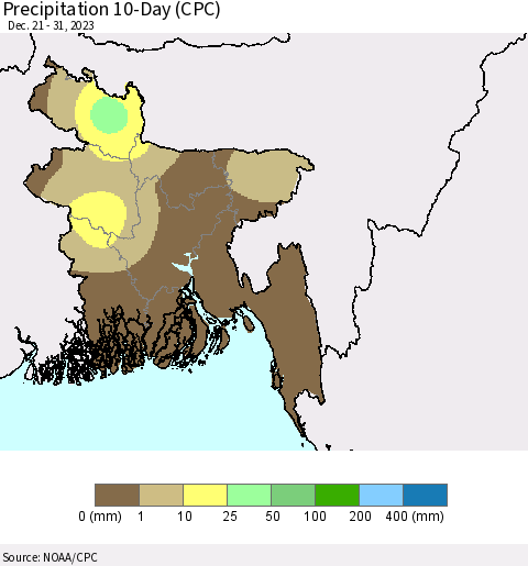 Bangladesh Precipitation 10-Day (CPC) Thematic Map For 12/21/2023 - 12/31/2023