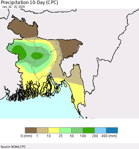 Bangladesh Precipitation 10-Day (CPC) Thematic Map For 1/16/2024 - 1/25/2024