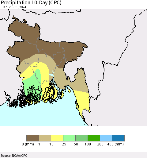 Bangladesh Precipitation 10-Day (CPC) Thematic Map For 1/21/2024 - 1/31/2024