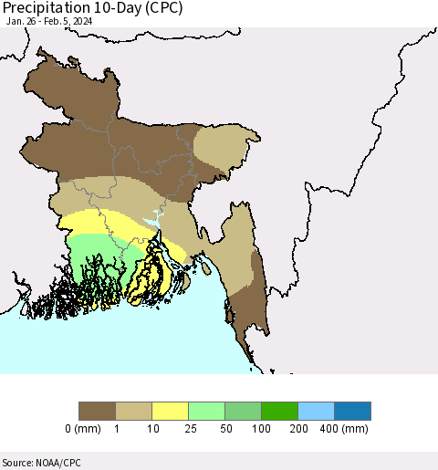 Bangladesh Precipitation 10-Day (CPC) Thematic Map For 1/26/2024 - 2/5/2024