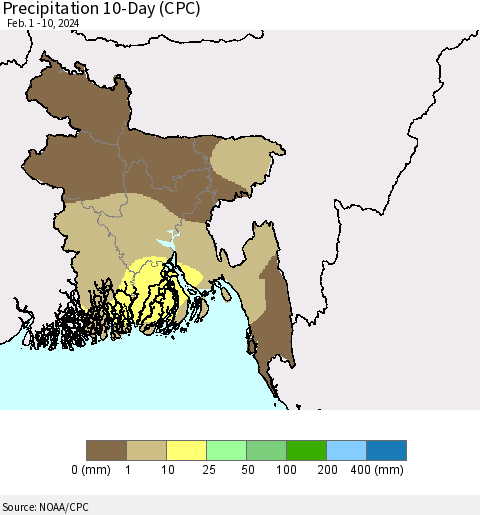 Bangladesh Precipitation 10-Day (CPC) Thematic Map For 2/1/2024 - 2/10/2024