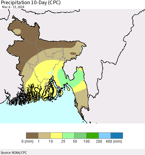 Bangladesh Precipitation 10-Day (CPC) Thematic Map For 3/6/2024 - 3/15/2024
