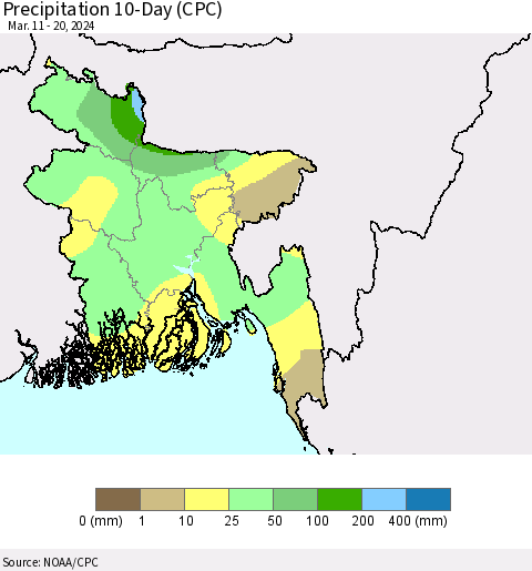 Bangladesh Precipitation 10-Day (CPC) Thematic Map For 3/11/2024 - 3/20/2024