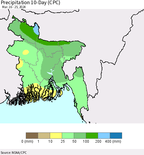 Bangladesh Precipitation 10-Day (CPC) Thematic Map For 3/16/2024 - 3/25/2024