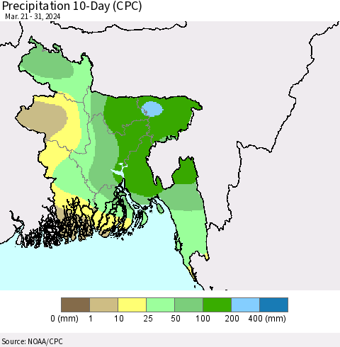 Bangladesh Precipitation 10-Day (CPC) Thematic Map For 3/21/2024 - 3/31/2024