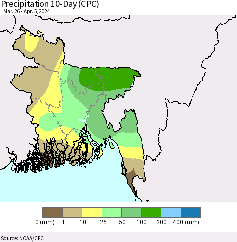 Bangladesh Precipitation 10-Day (CPC) Thematic Map For 3/26/2024 - 4/5/2024