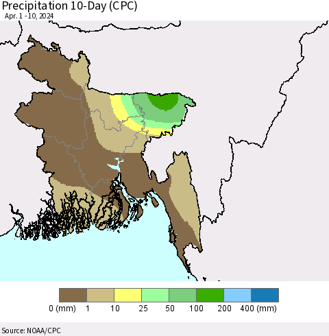 Bangladesh Precipitation 10-Day (CPC) Thematic Map For 4/1/2024 - 4/10/2024