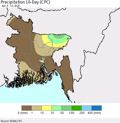 Bangladesh Precipitation 10-Day (CPC) Thematic Map For 4/6/2024 - 4/15/2024