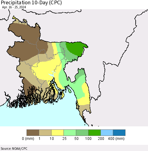 Bangladesh Precipitation 10-Day (CPC) Thematic Map For 4/16/2024 - 4/25/2024