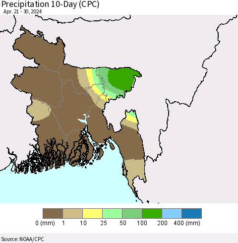 Bangladesh Precipitation 10-Day (CPC) Thematic Map For 4/21/2024 - 4/30/2024