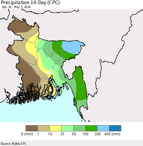 Bangladesh Precipitation 10-Day (CPC) Thematic Map For 4/26/2024 - 5/5/2024