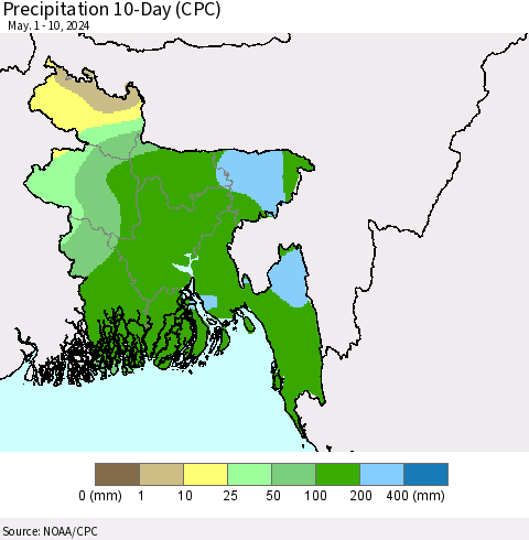 Bangladesh Precipitation 10-Day (CPC) Thematic Map For 5/1/2024 - 5/10/2024