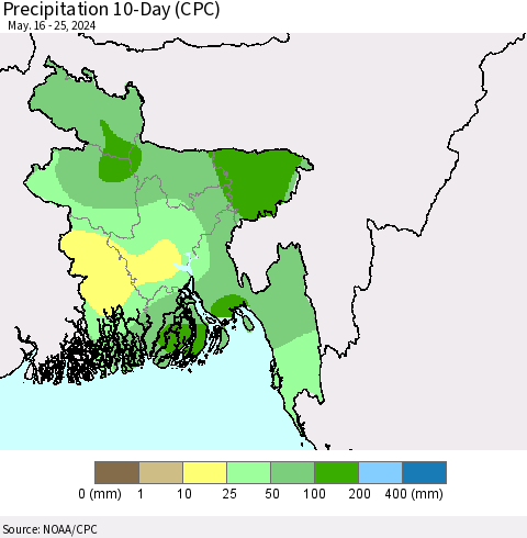 Bangladesh Precipitation 10-Day (CPC) Thematic Map For 5/16/2024 - 5/25/2024