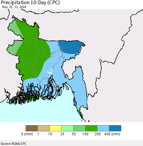 Bangladesh Precipitation 10-Day (CPC) Thematic Map For 5/21/2024 - 5/31/2024