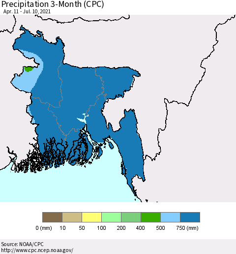 Bangladesh Precipitation 3-Month (CPC) Thematic Map For 4/11/2021 - 7/10/2021