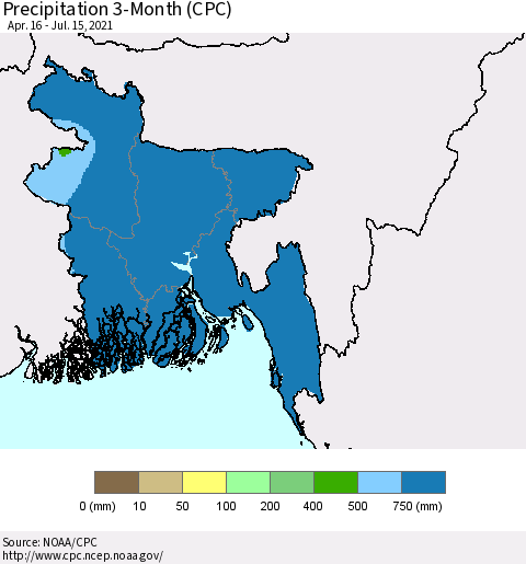 Bangladesh Precipitation 3-Month (CPC) Thematic Map For 4/16/2021 - 7/15/2021