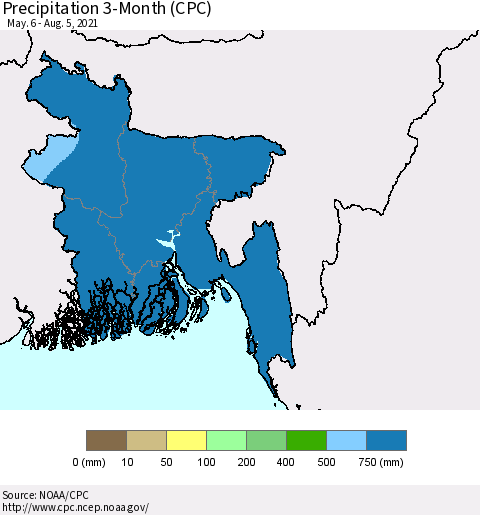Bangladesh Precipitation 3-Month (CPC) Thematic Map For 5/6/2021 - 8/5/2021