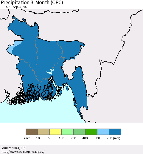 Bangladesh Precipitation 3-Month (CPC) Thematic Map For 6/6/2021 - 9/5/2021