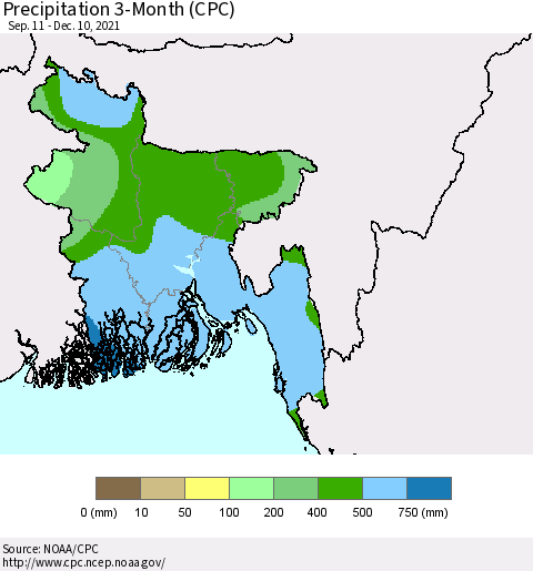 Bangladesh Precipitation 3-Month (CPC) Thematic Map For 9/11/2021 - 12/10/2021