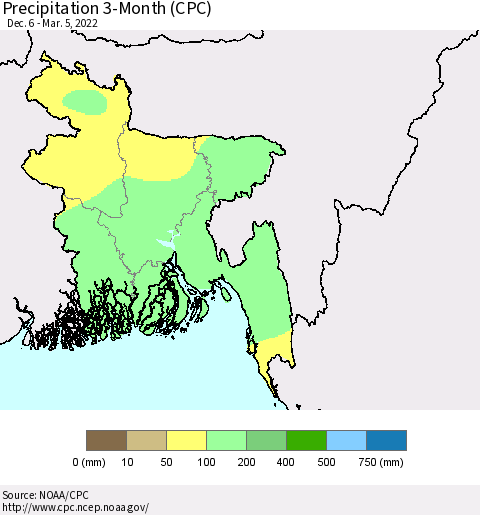 Bangladesh Precipitation 3-Month (CPC) Thematic Map For 12/6/2021 - 3/5/2022