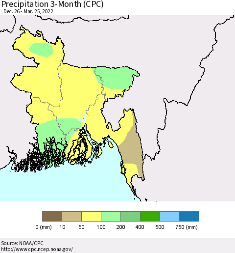 Bangladesh Precipitation 3-Month (CPC) Thematic Map For 12/26/2021 - 3/25/2022