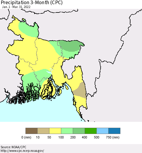 Bangladesh Precipitation 3-Month (CPC) Thematic Map For 1/1/2022 - 3/31/2022