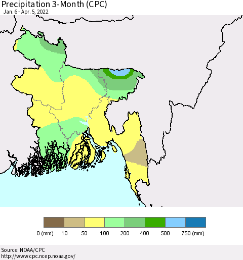 Bangladesh Precipitation 3-Month (CPC) Thematic Map For 1/6/2022 - 4/5/2022